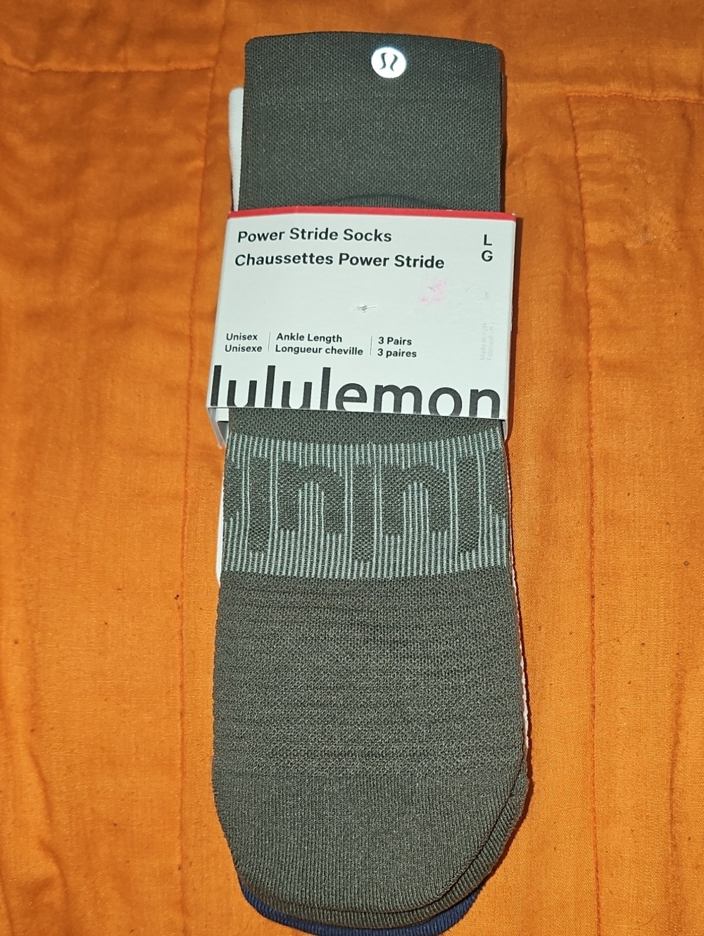 Lululemon Power Stride Socks, 3 Pair!! Nwts! ARMG/WHT/BLTW!! Sz Large